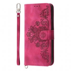 Kožený Kryt Poco C75 Krajka S Efektem Semiše S Popruhem A Ramenním Popruhem