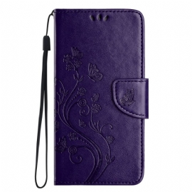 Kožený Kryt Poco C75 Květiny A Motýli Se Šňůrkou Na Krk