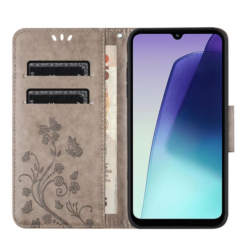 Kožený Kryt Poco C75 Květiny A Motýli Se Šňůrkou Na Krk