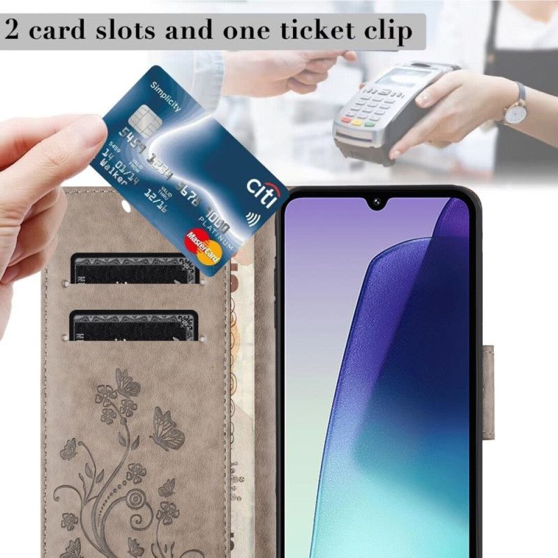 Kožený Kryt Poco C75 Květiny A Motýli Se Šňůrkou Na Krk