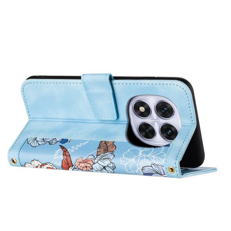 Kožený Kryt Xiaomi Redmi Note 14 Pro 4g Grafické Květiny S Páskem