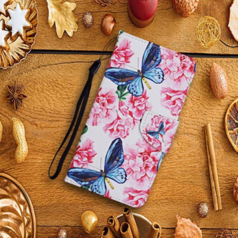 Flipové Pouzdro Na Samsung Galaxy A52 4G / A52 5G / A52s 5G Motýli Květinová Šňůrka