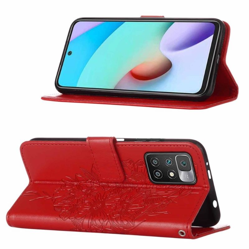 Kožené Pouzdro Na Xiaomi Redmi 10 Držák Motýlích Květin