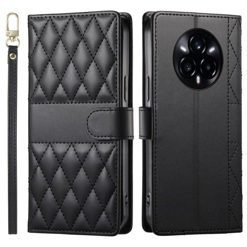 Kožený Kryt Na Realme 14 Pro 5g Prošívaný Design S Popruhem A Ramenním Popruhem