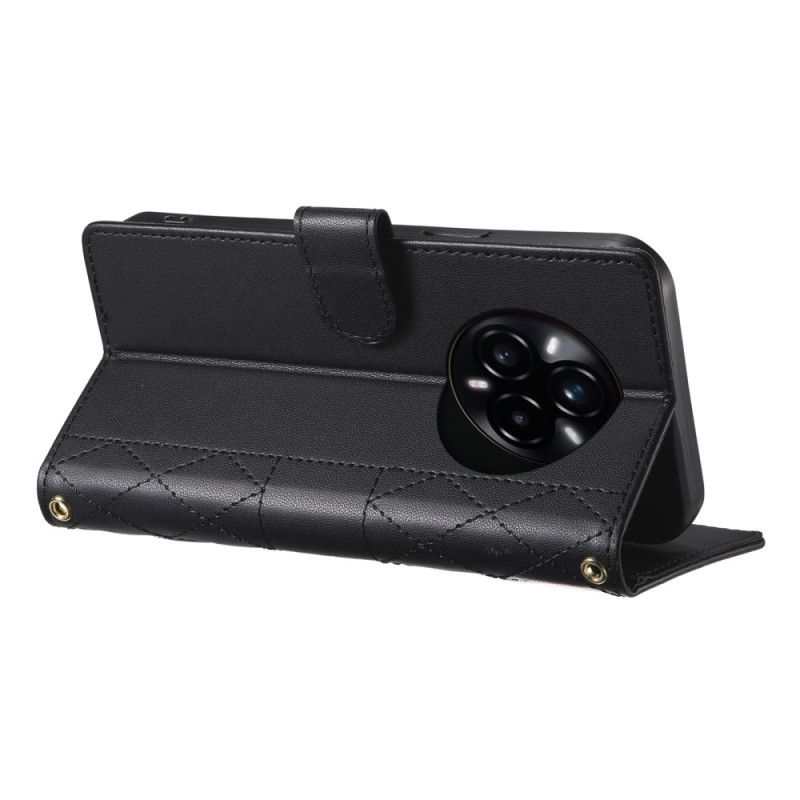 Kožený Kryt Na Realme 14 Pro 5g Prošívaný Design S Popruhem A Ramenním Popruhem