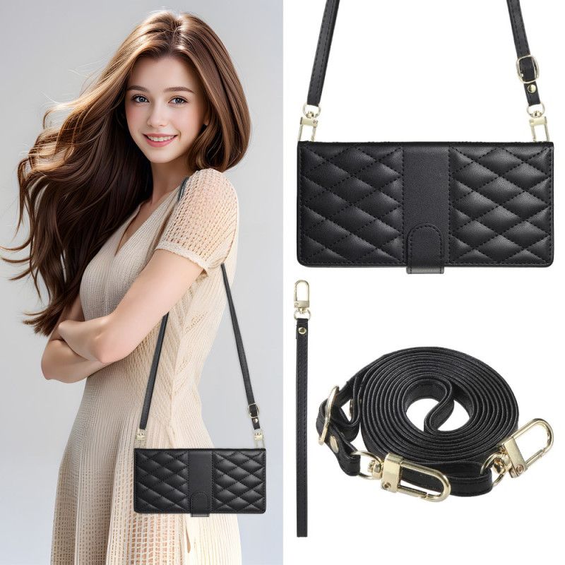 Kožený Kryt Na Realme 14 Pro 5g Prošívaný Design S Popruhem A Ramenním Popruhem