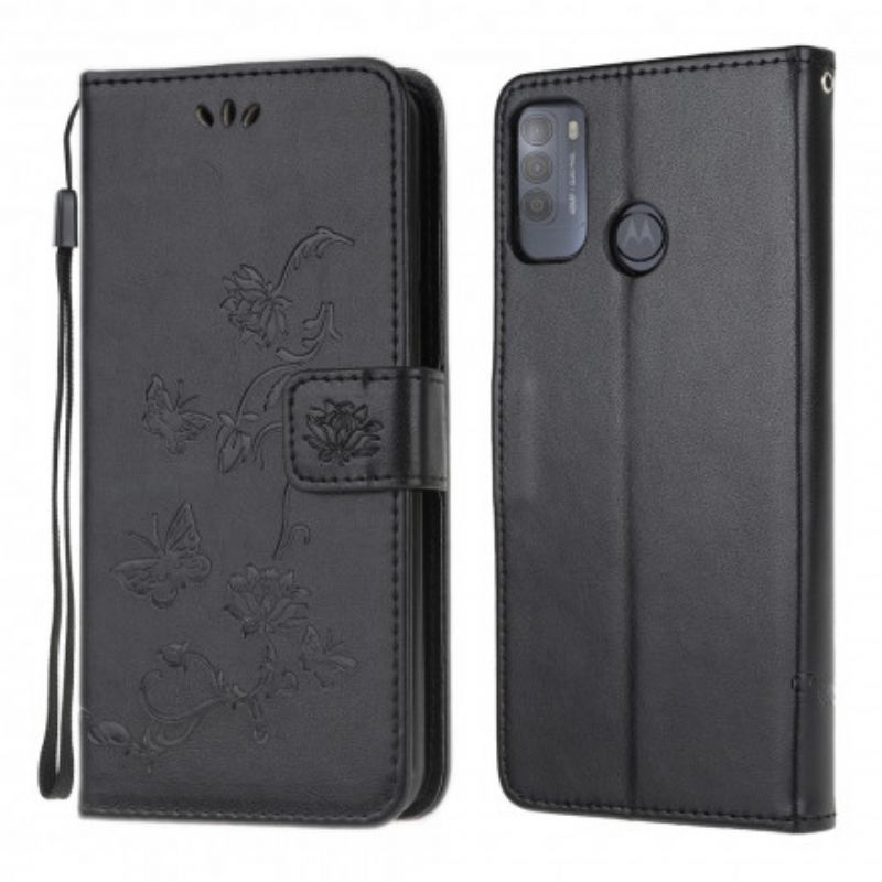 Flipové Pouzdro Na Moto G50 Na Lana Popruh S Motýly A Květinami