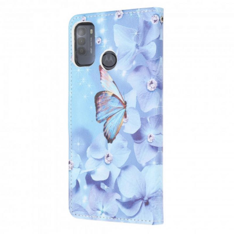Flipové Pouzdro Na Moto G50 Na Lana Strappy Diamond Motýli
