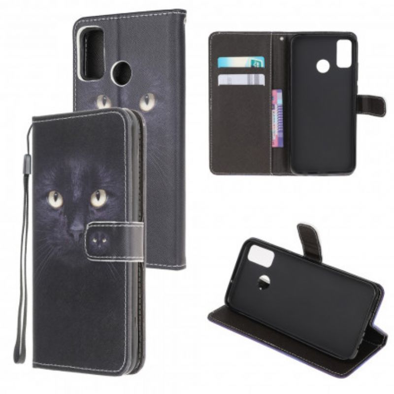 Flipové Pouzdro Na Moto G50 Na Lana Strappy Černé Kočičí Oči