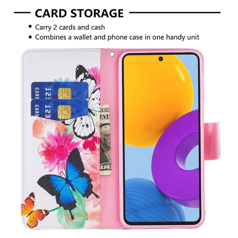 Kožené Pouzdro Na Samsung Galaxy M52 5G Motýli A Barevné Květiny