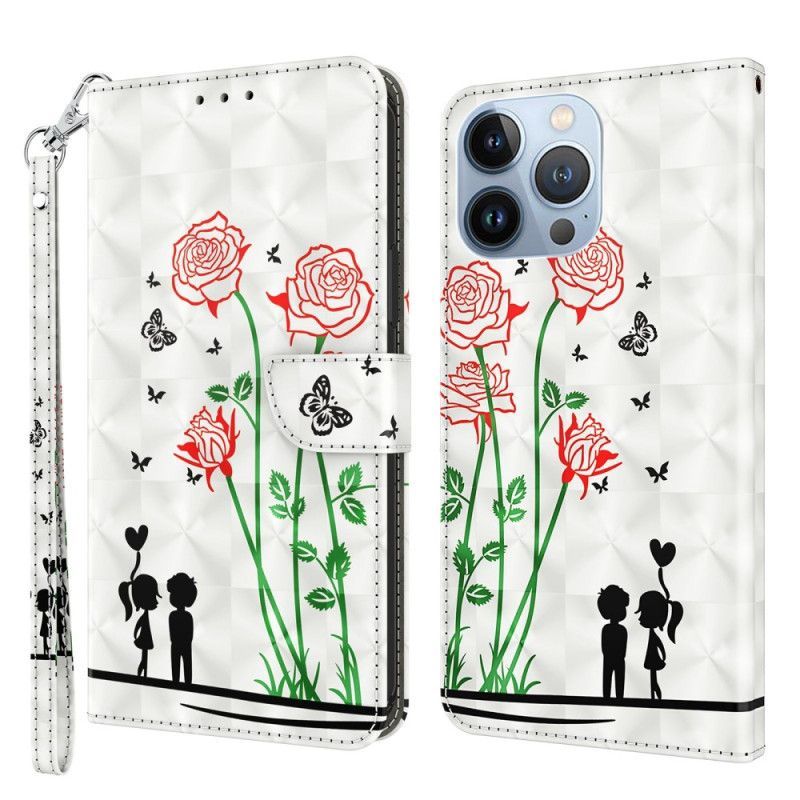Flipové Pouzdro Na iPhone 14 Na Lana Lanyard Love Pampelišky