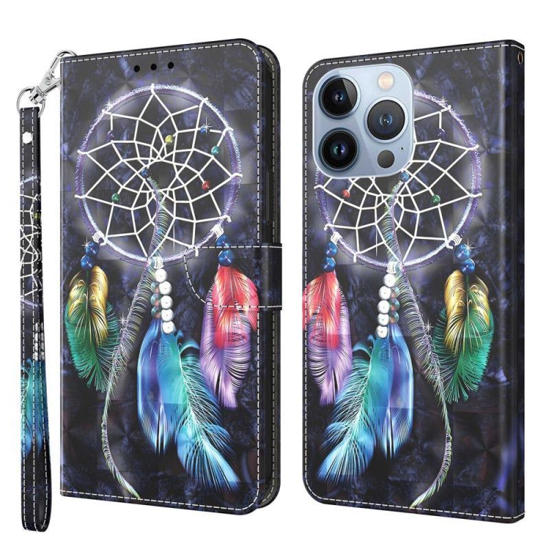 Flipové Pouzdro Na iPhone 14 Na Lana Popruh Lapač Snů