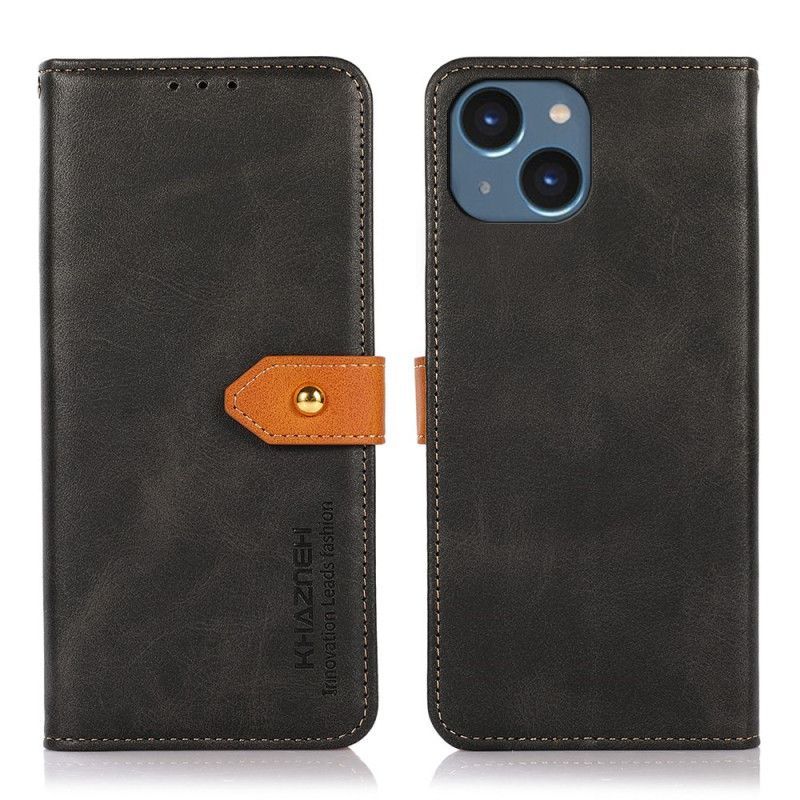 Kožené Pouzdro Na iPhone 14 Dvoubarevná Zlatá Spona Khazneh