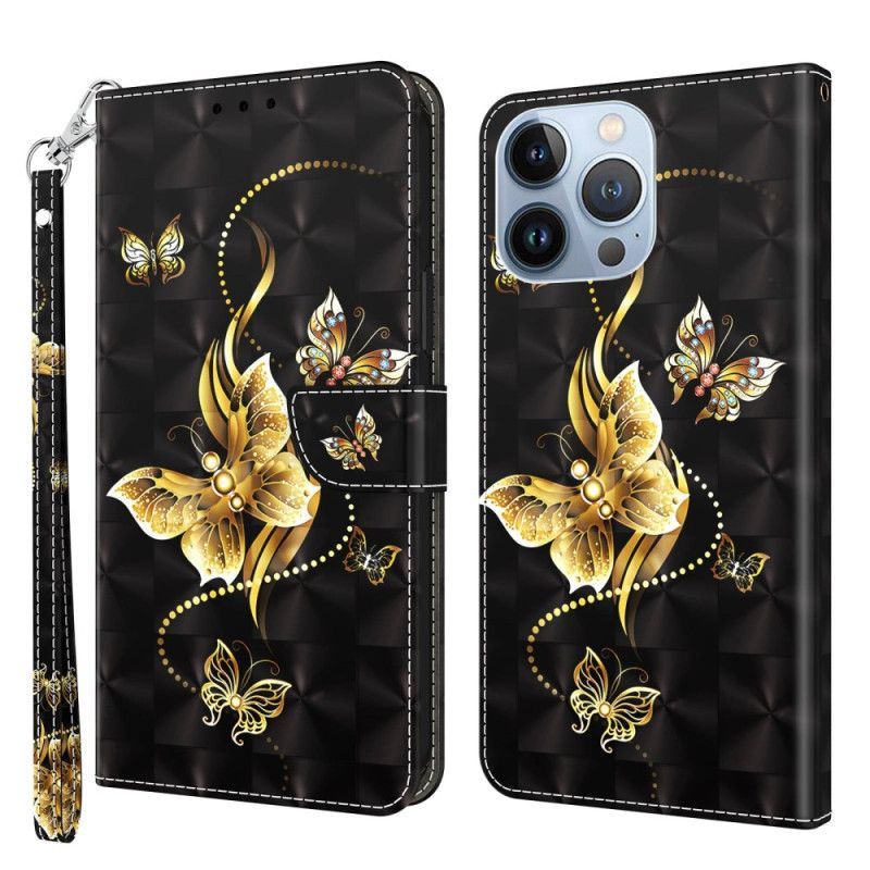 Kožené Pouzdro Na iPhone 14 Na Lana Zlatí Motýli S Popruhem