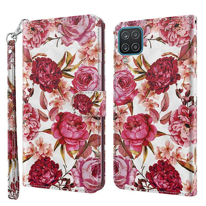 Flipové Pouzdro Na Samsung Galaxy M12 / A12 Světlé Skvrnité Růže Se Šňůrkou