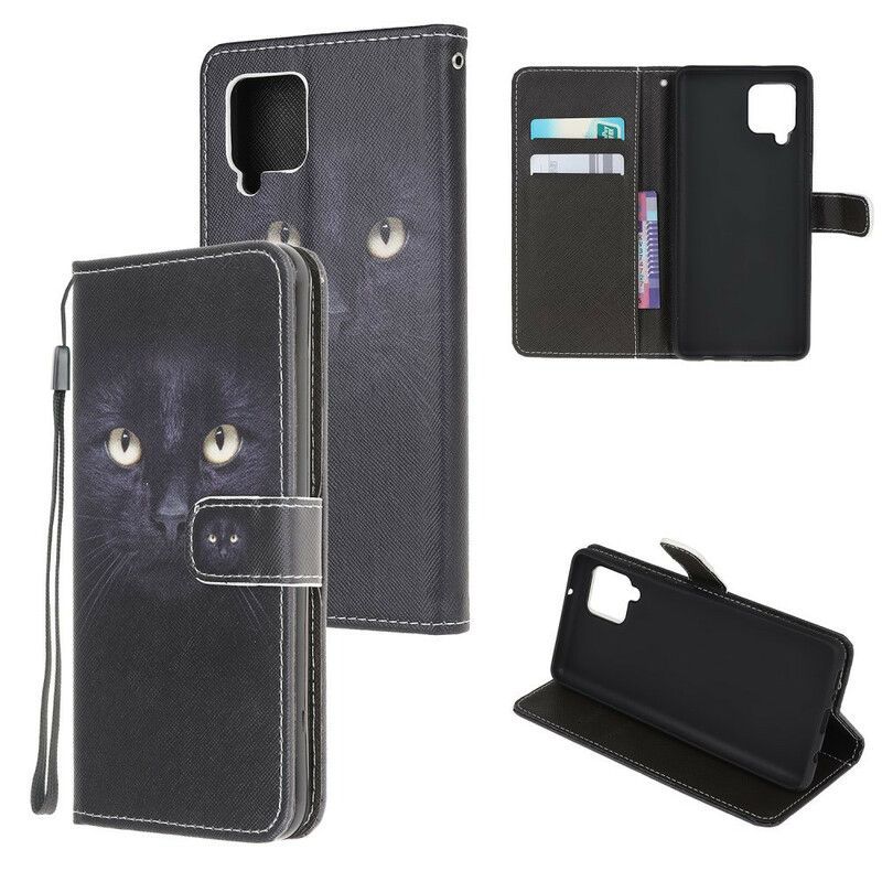 Kožené Pouzdro Na Samsung Galaxy M12 / A12 Na Lana Strappy Černé Kočičí Oči