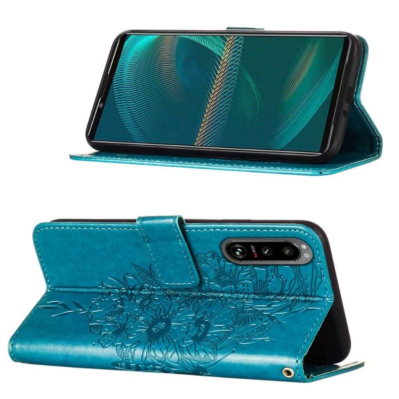 Kožené Pouzdro Na Sony Xperia 5 III Držák Motýlích Květin