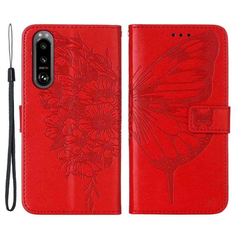Kožené Pouzdro Na Sony Xperia 5 III Držák Motýlích Květin