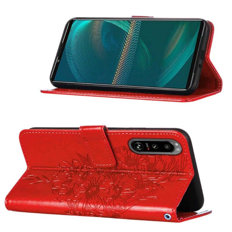 Kožené Pouzdro Na Sony Xperia 5 III Držák Motýlích Květin