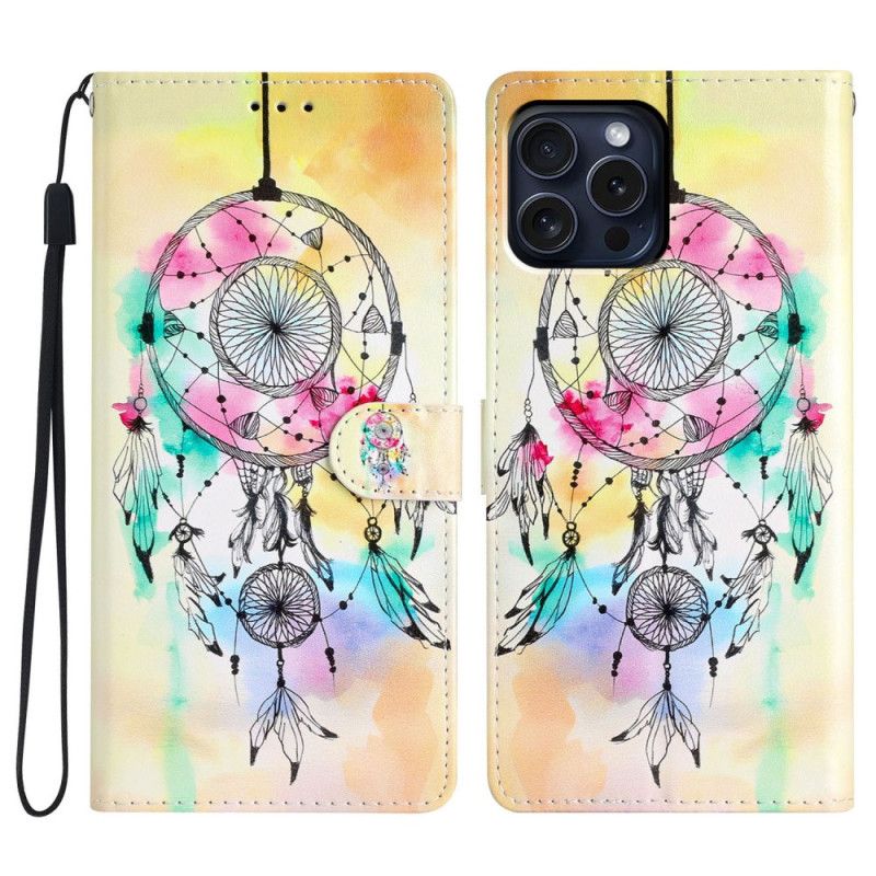 Kožený Kryt iPhone 16 Pro Max Akvarelový Lapač Snů S Popruhem