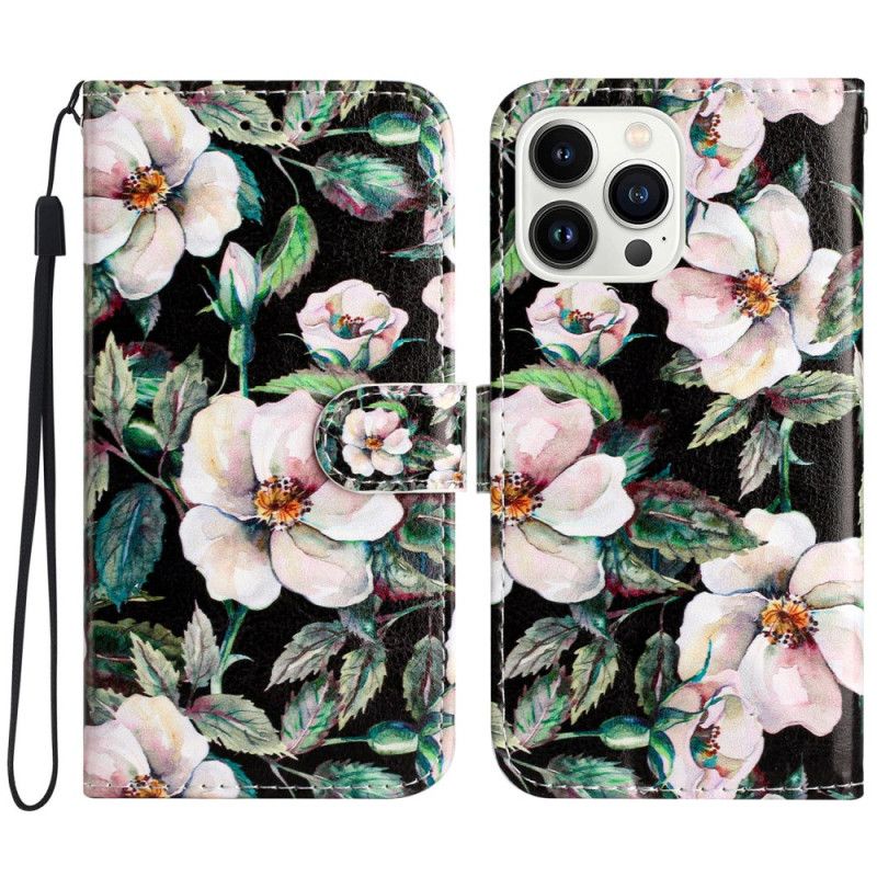 Kožený Kryt iPhone 16 Pro Max Bílé Magnólie S Řemínkem