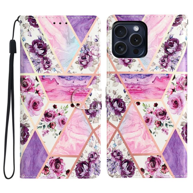 Kožený Kryt iPhone 16 Pro Max Fialové Květy S Řemínkem