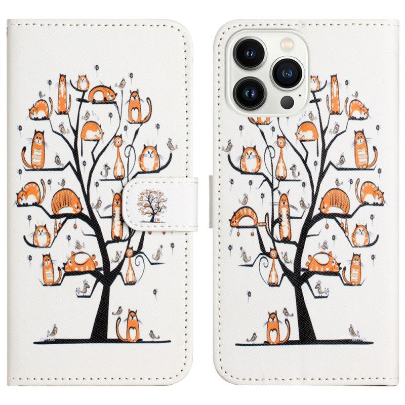 Kožený Kryt iPhone 16 Pro Max Kočky Na Lanyard Tree