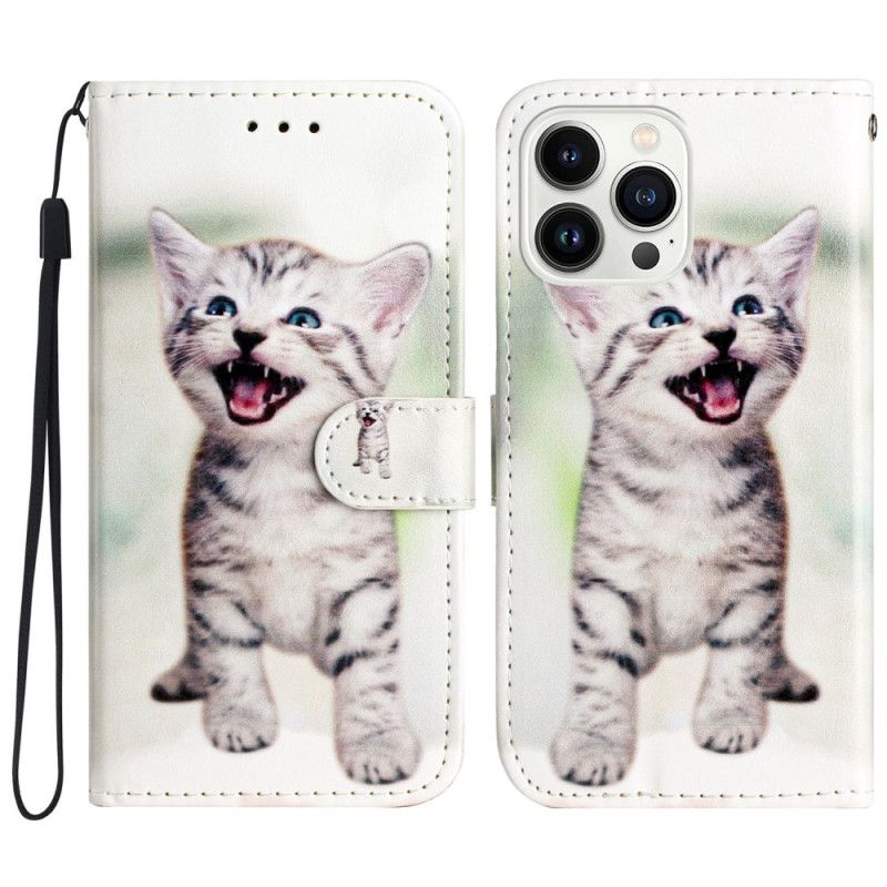 Kožený Kryt iPhone 16 Pro Max Malá Kočka S Popruhem