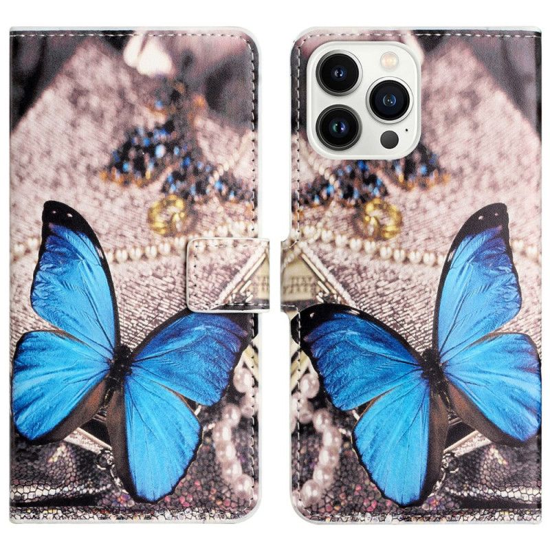 Kožený Kryt iPhone 16 Pro Max Modrý Motýl