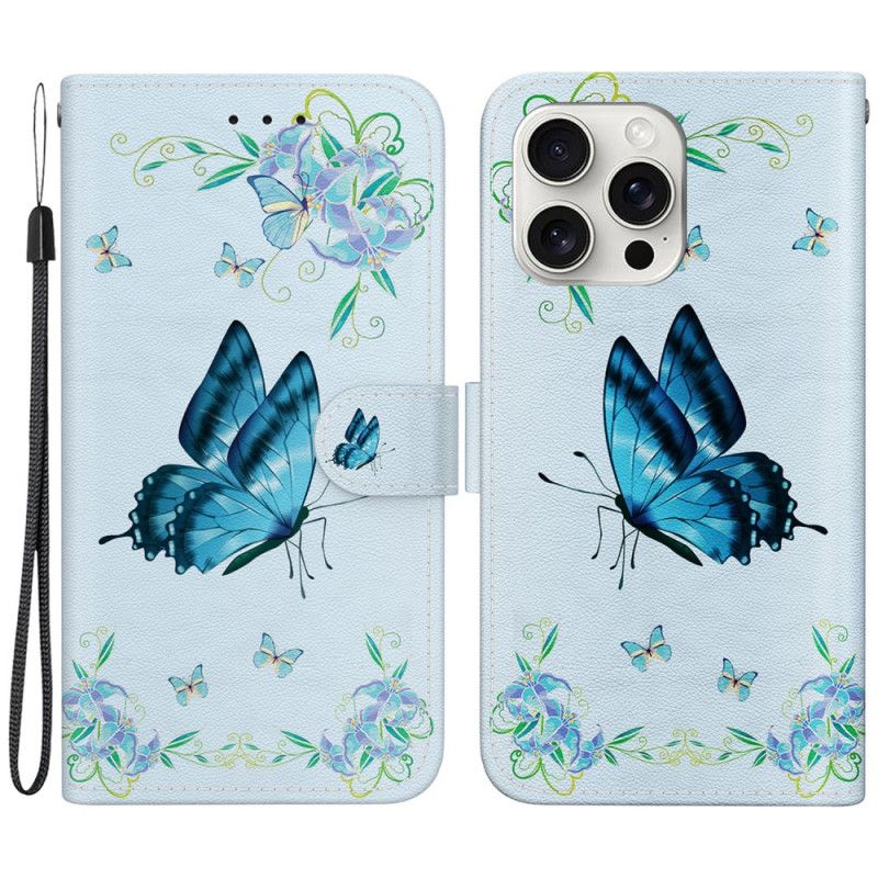 Kožený Kryt iPhone 16 Pro Max Modrý Motýl A Květiny S Popruhem