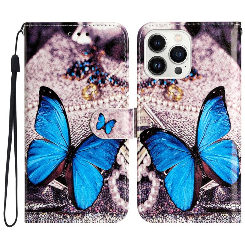 Kožený Kryt iPhone 16 Pro Max Modrý Motýl S Řemínkem