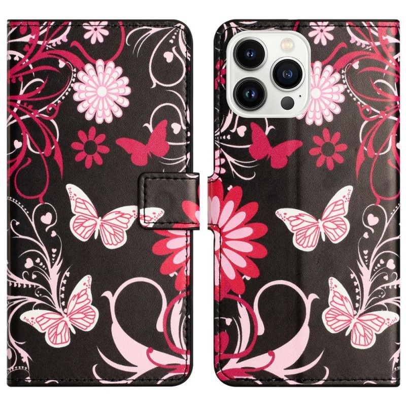 Kožený Kryt iPhone 16 Pro Max Motýli Na Černém Pozadí