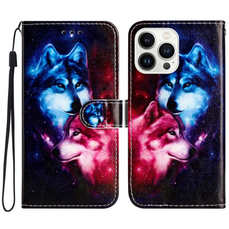 Kožený Kryt iPhone 16 Pro Max Pár Vlků S Popruhy
