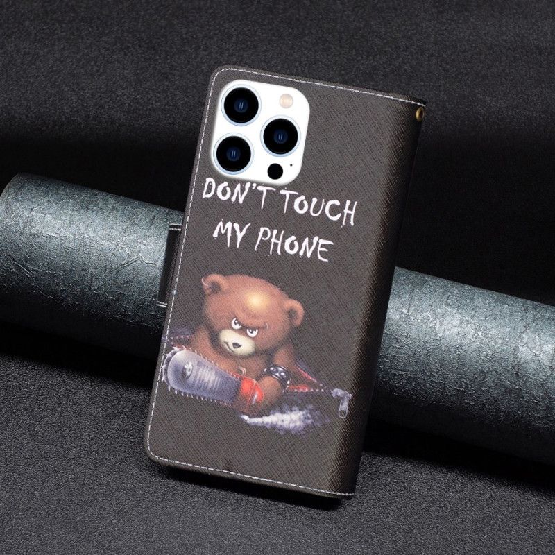 Kožený Kryt iPhone 16 Pro Max Peněženka S Nebezpečným Medvědem