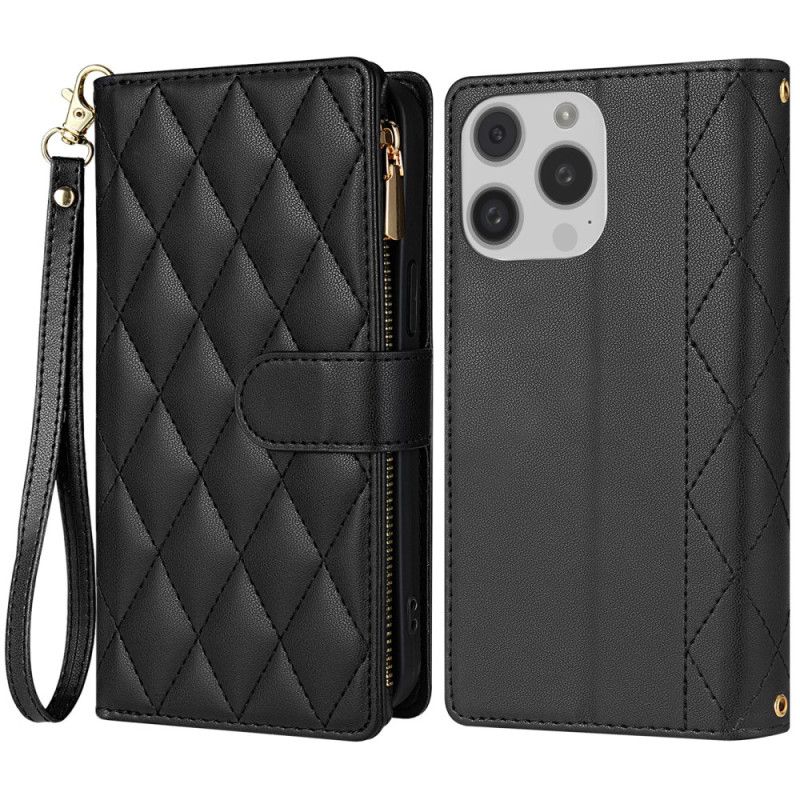 Kožený Kryt iPhone 16 Pro Max Polstrovaný Popruhem A Ramenním Popruhem