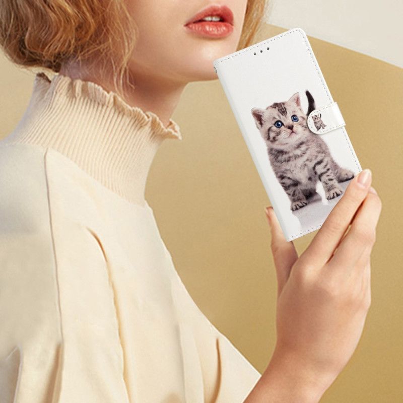 Kožený Kryt iPhone 16 Pro Max Roztomilá Kočka S Popruhem