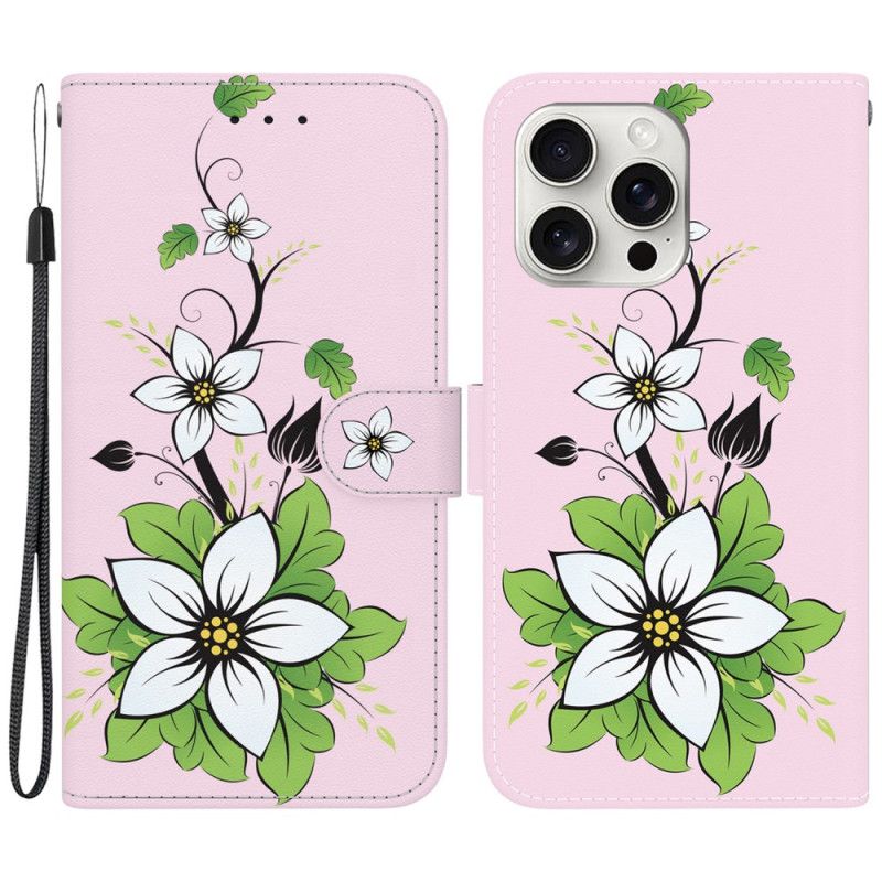 Kožený Kryt iPhone 16 Pro Max Vzor Lilie Bez Ramínek