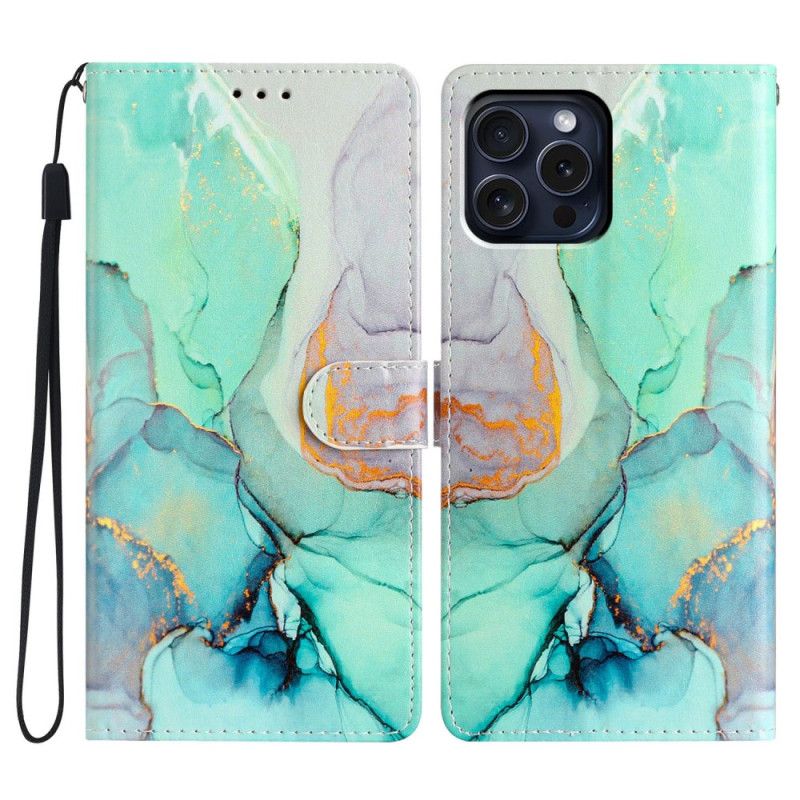 Kožený Kryt iPhone 16 Pro Max Zelený Mramor S Popruhem