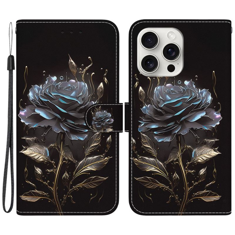 Kožený Kryt iPhone 16 Pro Max Černá Růže S Popruhem