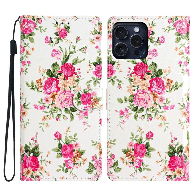 Kožený Kryt iPhone 16 Pro Max Červené Květy S Popruhem