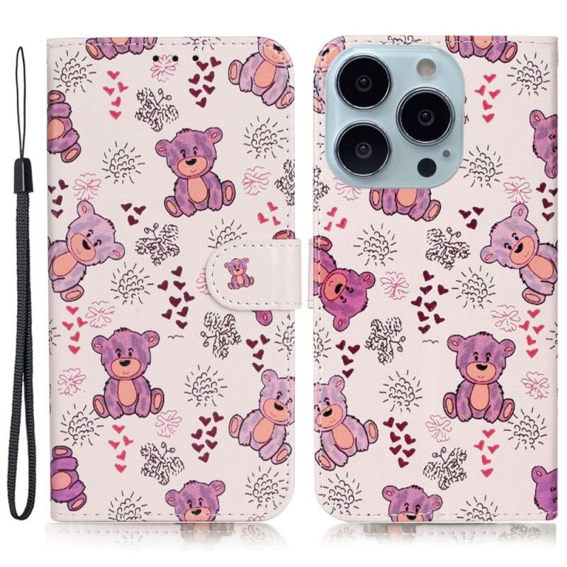 Kožený Kryt Na iPhone 16 Pro Max Medvídci S Popruhem