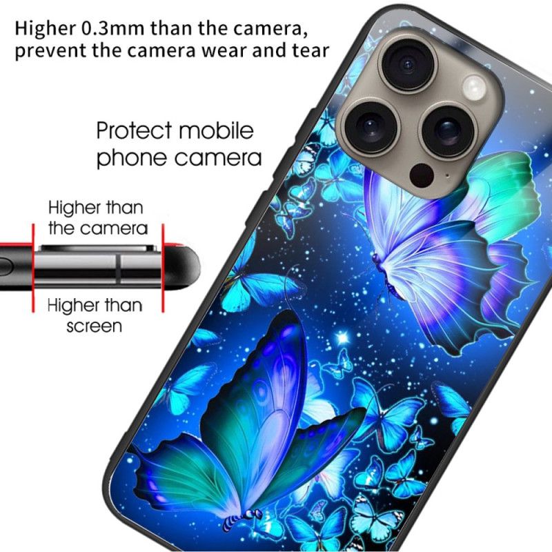 Kryt iPhone 16 Pro Max Kryty Na Mobil Modrí Motýli Z Tvrzeného Skla