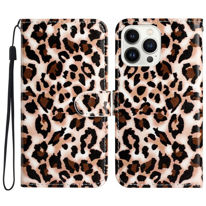 Peněženková Pouzdra iPhone 16 Pro Max Kryty Na Mobil Leopardí Vzor S Páskem