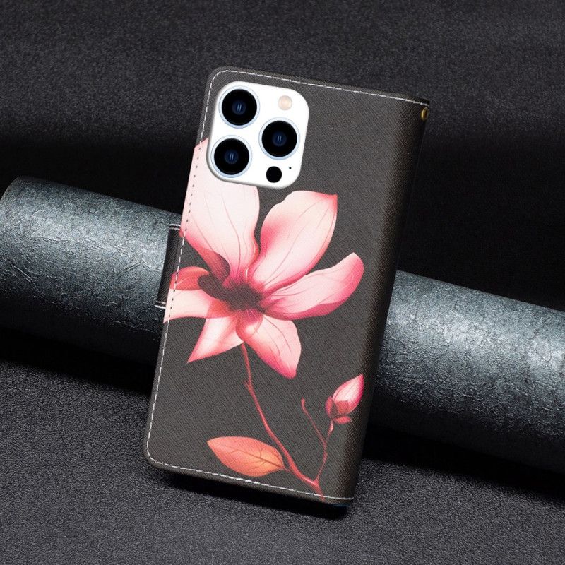Peněženková Pouzdra iPhone 16 Pro Max Kryty Na Mobil Růžová Květinová Peněženka Na Černém Pozadí