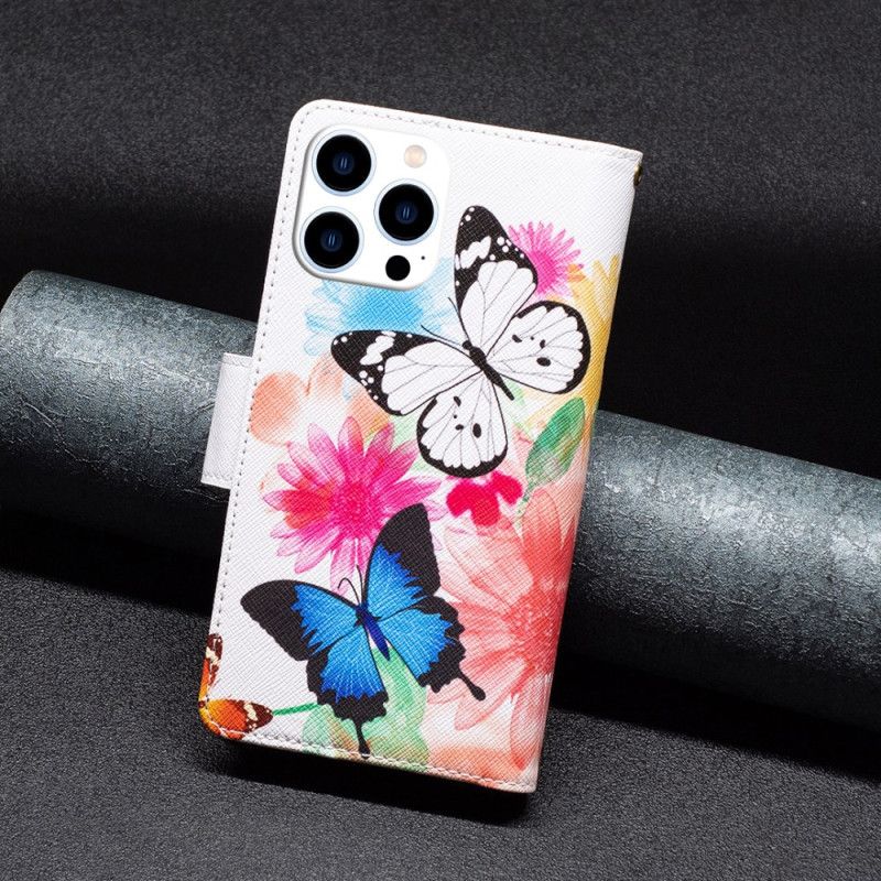 Peněženková Pouzdra iPhone 16 Pro Max Peněženka Se Dvěma Motýlky S Popruhem