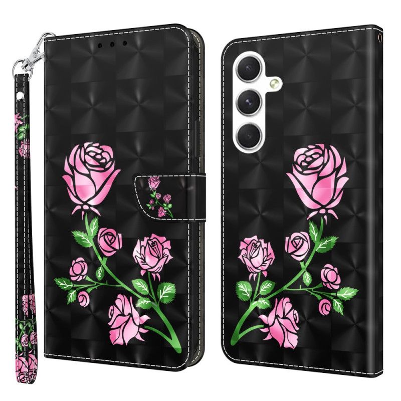 Kožený Kryt Samsung Galaxy A16 5g Růžové Květy S Páskem