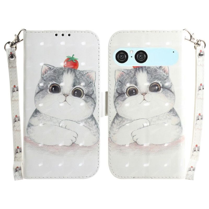 Kožený Kryt Na Sony Xperia 10 Vii Šňůrka Na Krk S Kočkou A Jahodou
