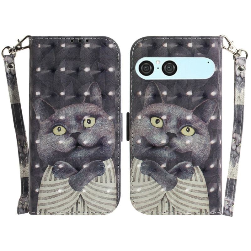 Kožený Kryt Sony Xperia 10 Vii Šňůrka Na Krk S Šedou Kočkou