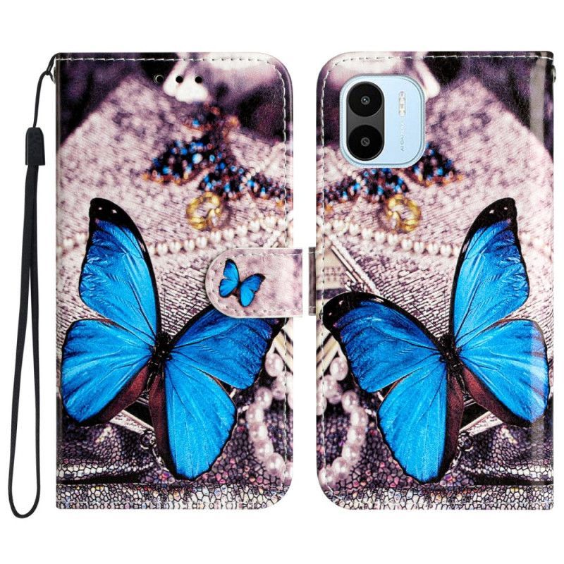 Flipové Pouzdro Na Xiaomi Redmi A1 Na Lana Modrý Motýl S Popruhem