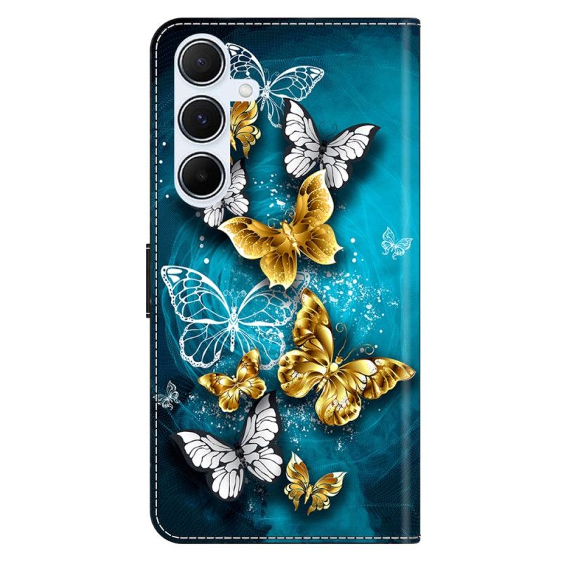 Kožený Kryt Samsung Galaxy A17 4g / 5g Zlatí Motýli Na Zeleném Pozadí